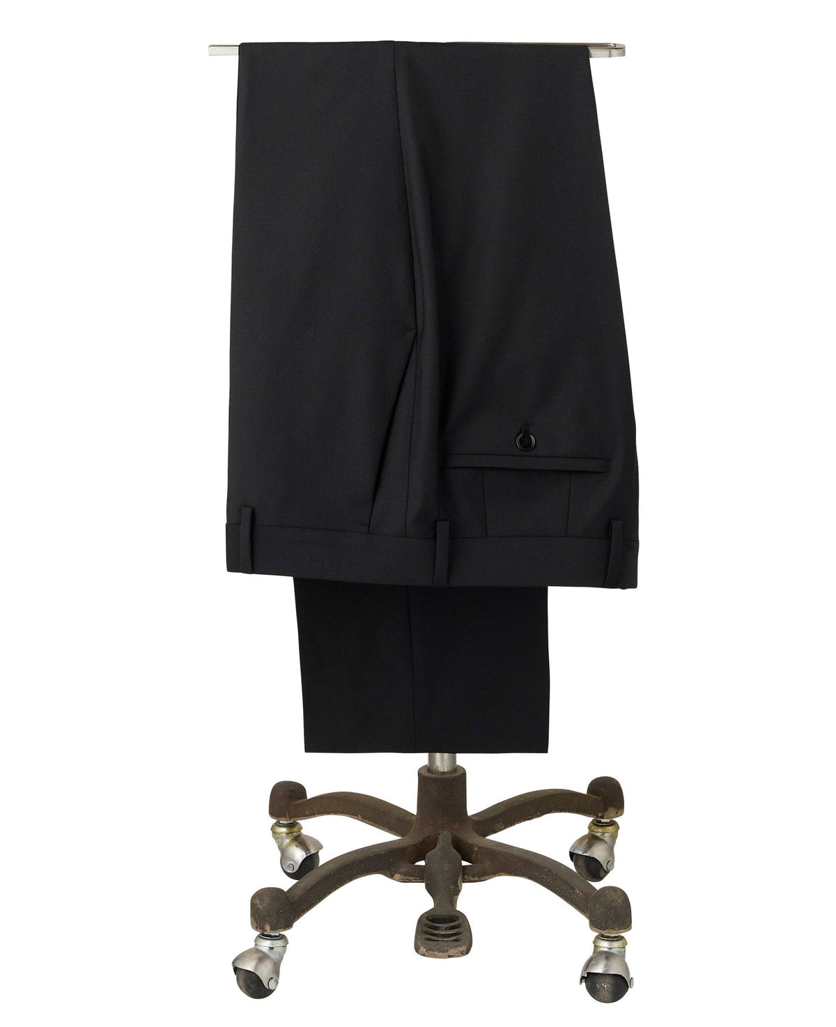 Men's Black Wool Blend Suit Trousers folded on rails