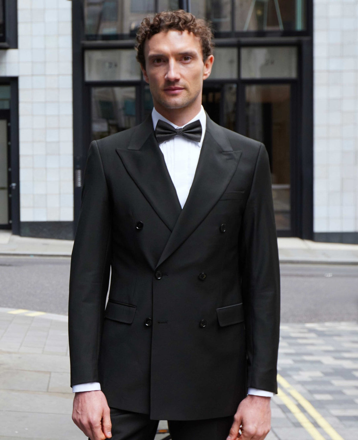 Men's Black Wool Blend Tailored Double Breasted Suit model shot