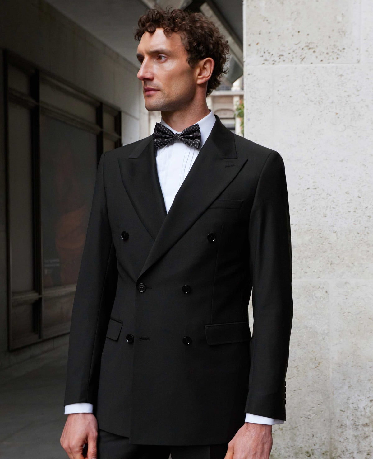 Men's Black Wool Blend Tailored Double Breasted Suit model shot