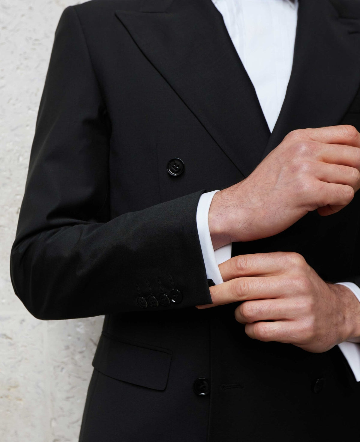 Men's Black Wool Blend Tailored Double Breasted Suit model shot