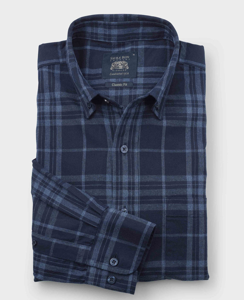 Blue Brushed Cotton Check Classic Fit Button-Down Casual Shirt