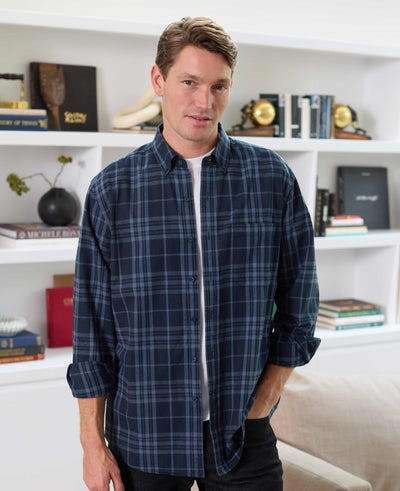 Blue Brushed Cotton Check Classic Fit Button-Down Casual Shirt
