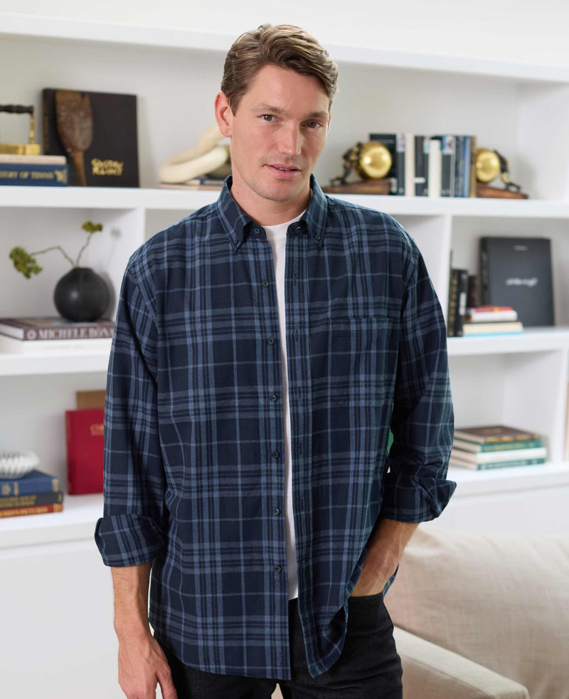 Blue Brushed Cotton Check Classic Fit Button-Down Casual Shirt
