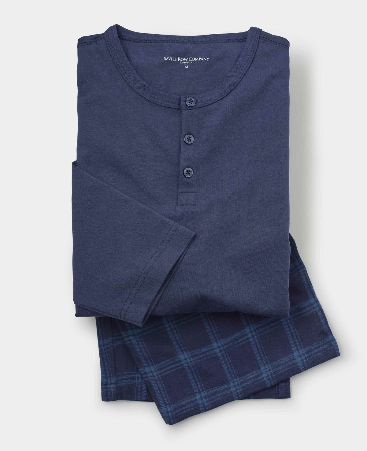 Blue Brushed Cotton Twill Henley Checked Pyjama Set