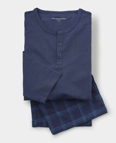 Blue Brushed Cotton Twill Henley Checked Pyjama Set