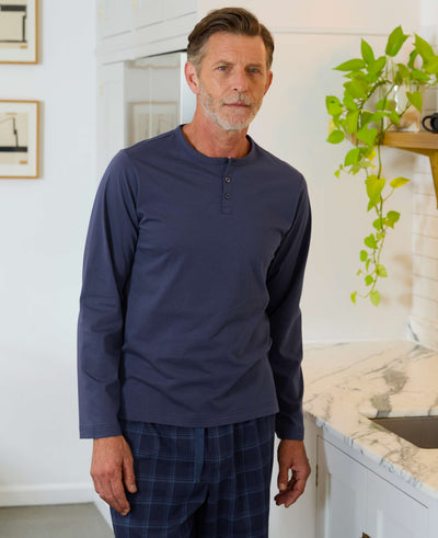 Blue Brushed Cotton Twill Henley Checked Pyjama Set