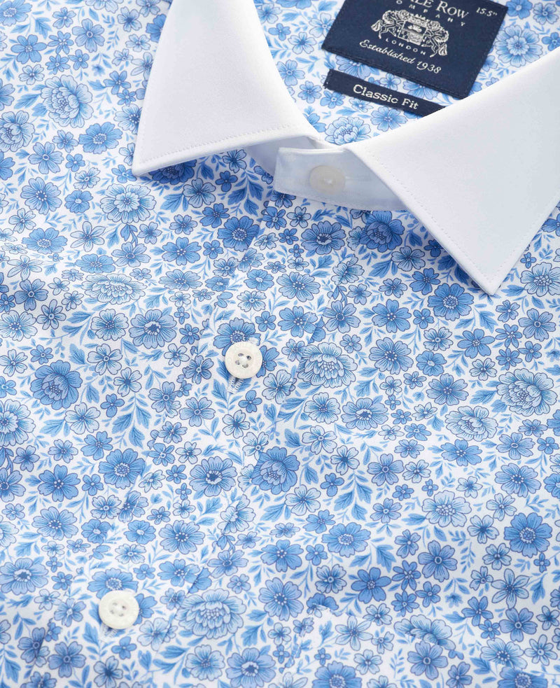 Blue Classic Fit Cotton Poplin Floral Print Winchester Formal Shirt - Double Cuff