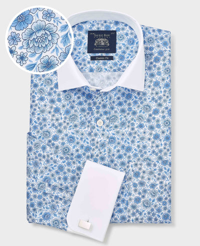Blue Classic Fit Cotton Poplin Floral Print Winchester Formal Shirt - Double Cuff