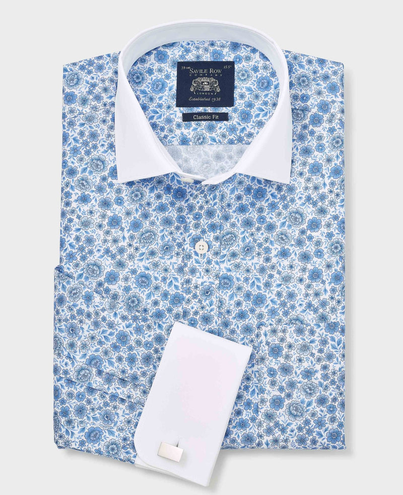 Blue Classic Fit Cotton Poplin Floral Print Winchester Formal Shirt - Double Cuff