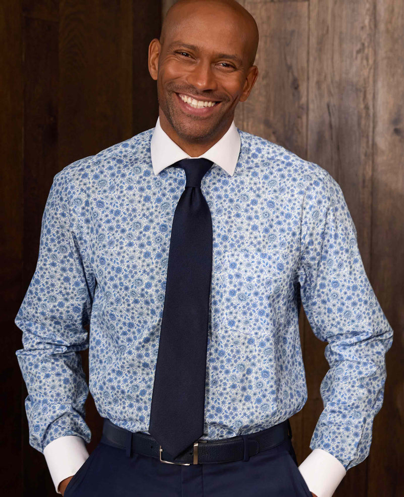 Blue Classic Fit Cotton Poplin Floral Print Winchester Formal Shirt - Double Cuff