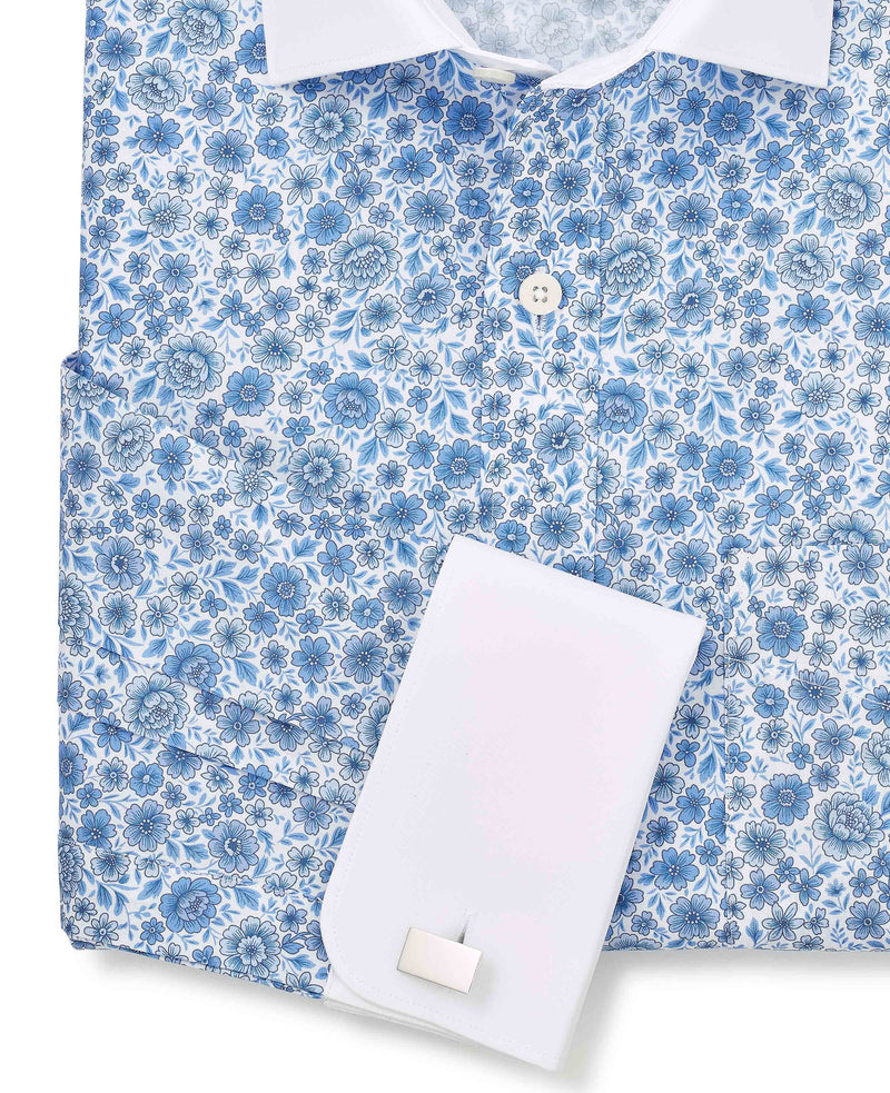 Blue Classic Fit Cotton Poplin Floral Print Winchester Formal Shirt - Double Cuff
