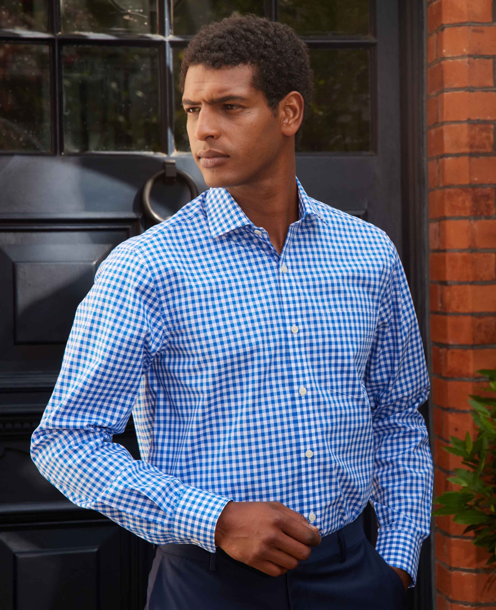 Men's Blue Classic Fit Gingham Check Formal Shirt With Single Cuffs | Savile Row Company Men's Blue Classic Fit Gingham Check Formal Shirt With Single Cuffs | Savile Row Company