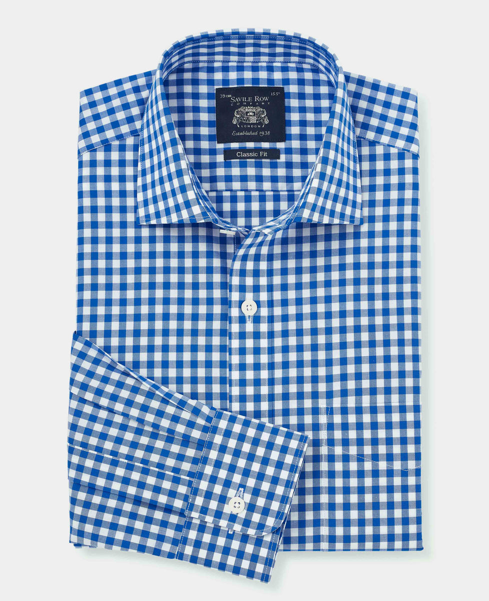 Men's Blue Classic Fit Gingham Check Formal Shirt With Single Cuffs ...