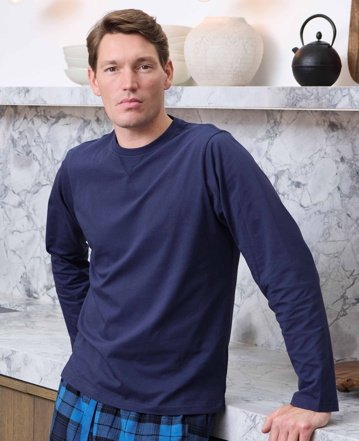 Men's Blue Cotton Checked Lounge Pants & Long Sleeve T-Shirt Pyjama Set model shot