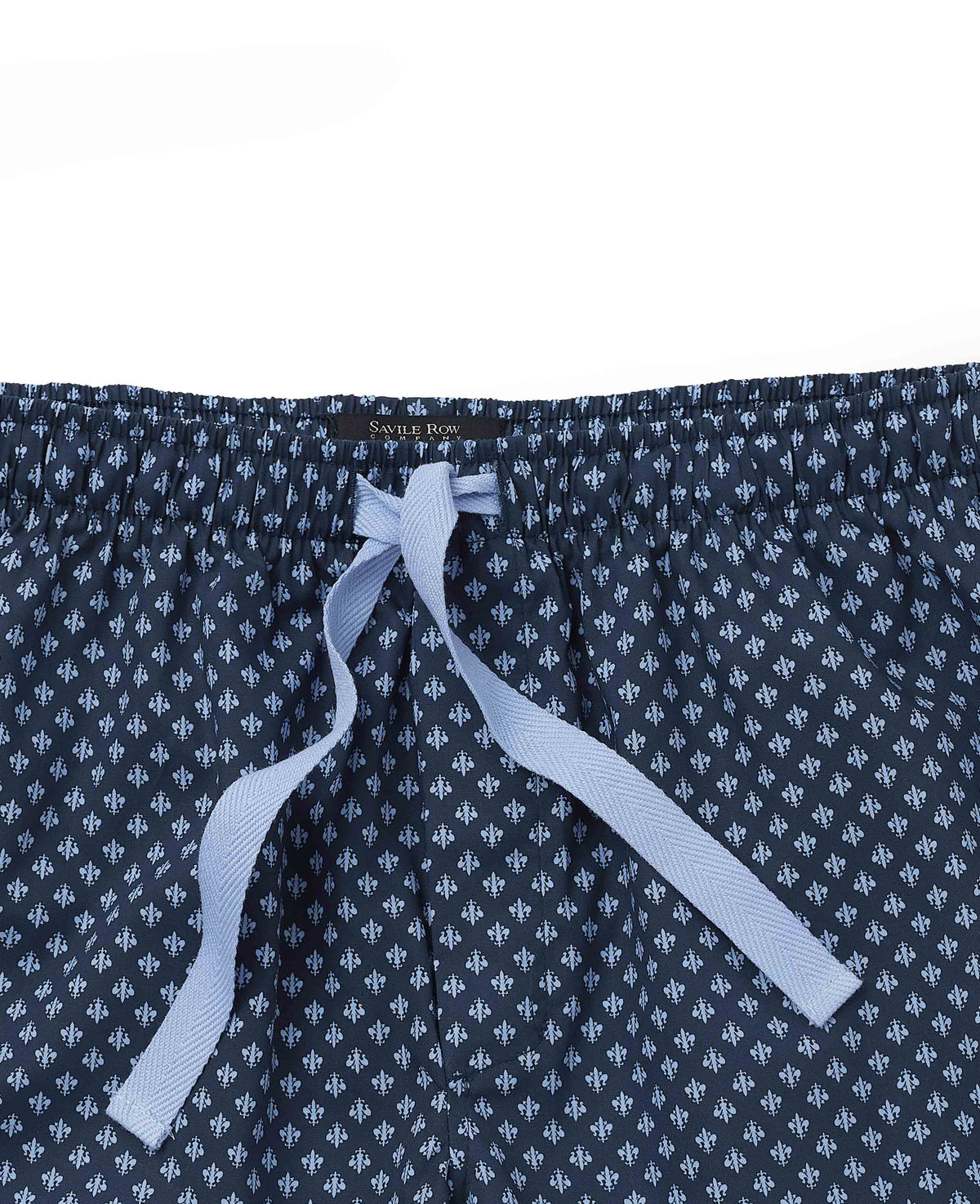 Men's Blue Cotton Fleur De Lys Printed Lounge Shorts waist detail
