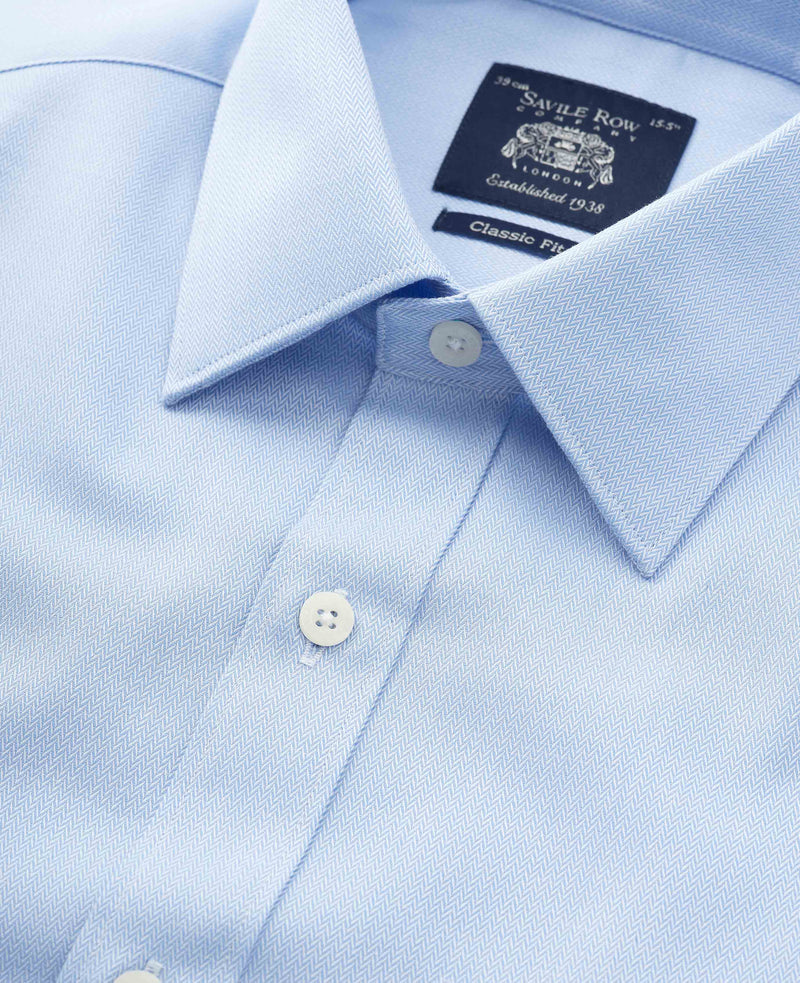 Blue Cotton Herringbone Classic Fit Formal Shirt - Double Cuff