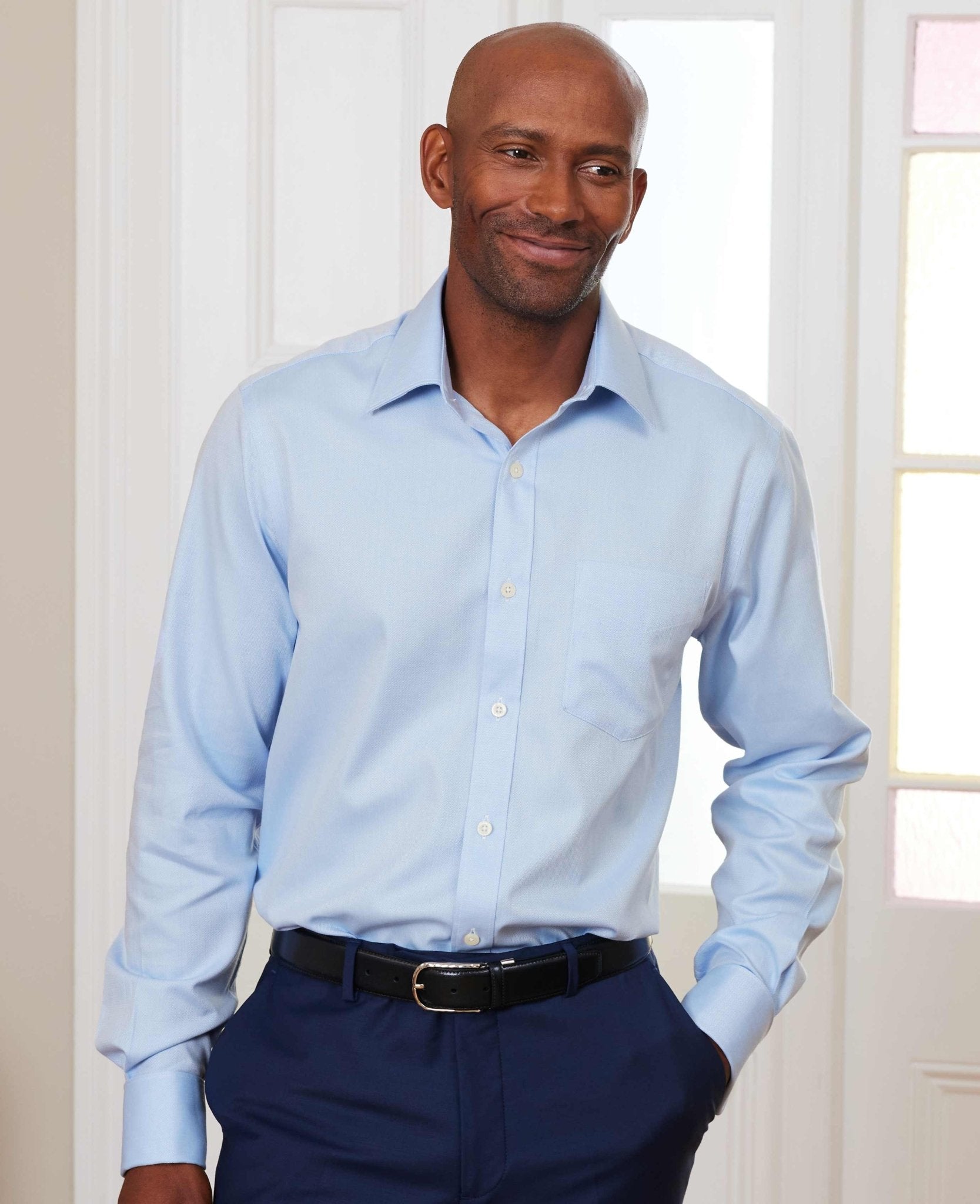 Men's Blue Cotton Herringbone Classic Fit Formal Shirt With Double