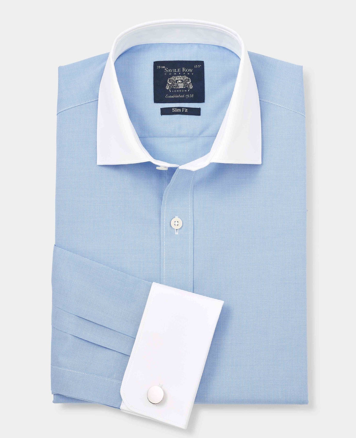 Men's Blue Cotton Check Slim Fit Winchester Formal Shirt With Double Cuff folded