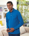 Blue Cotton Pique Long Sleeve Polo Shirt