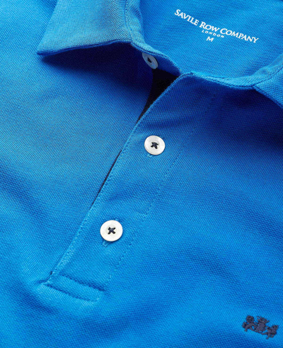 Men's Blue Cotton Pique Short Sleeve Polo Shirt collar detail