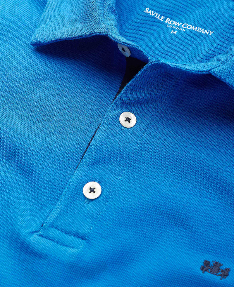Men's Blue Cotton Pique Short Sleeve Polo Shirt collar detail
