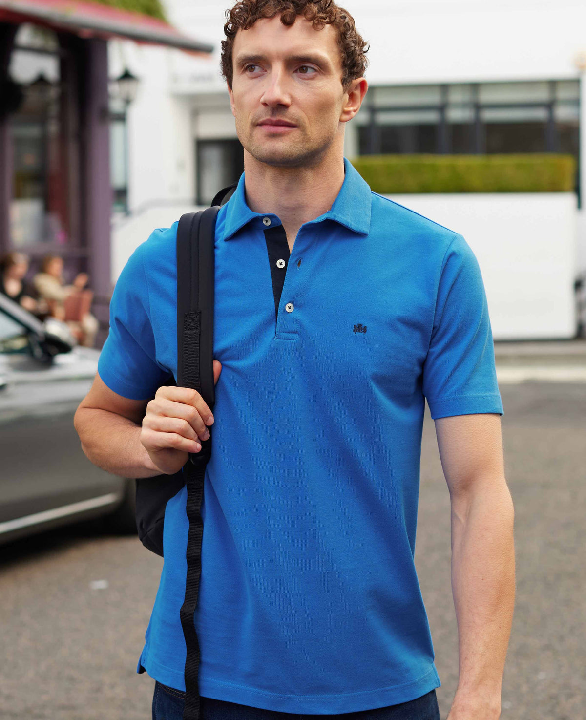 Men's Blue Cotton Pique Short Sleeve Polo Shirt model shot