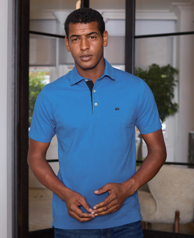 Men's Blue Cotton Pique Short Sleeve Polo Shirt model shot