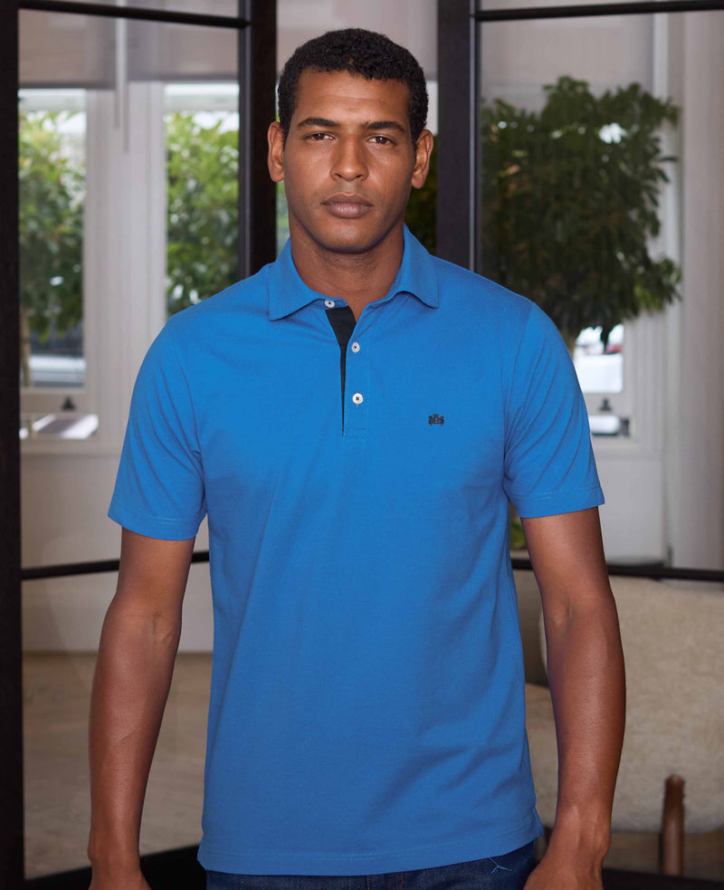 Men's Blue Cotton Pique Short Sleeve Polo Shirt model shot 2