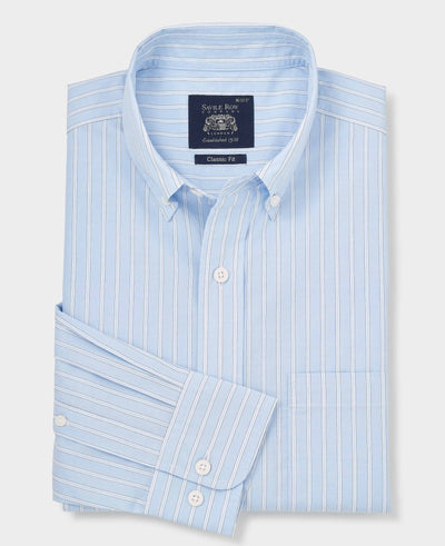 Blue Cotton Poplin Classic Fit Stripe Button-Down Smart Casual Shirt