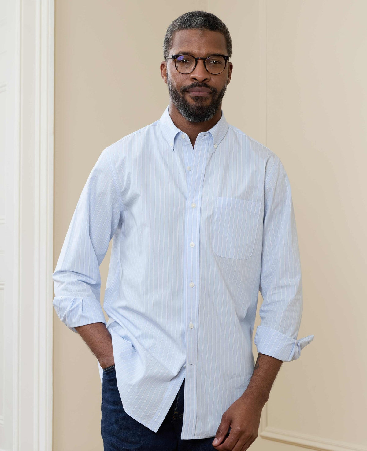 Men's Blue Cotton Poplin Classic Fit Stripe Smart Casual Shirt model shot