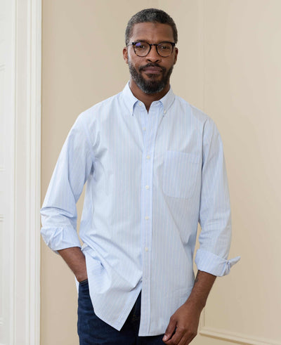 Blue Cotton Poplin Classic Fit Stripe Button-Down Smart Casual Shirt