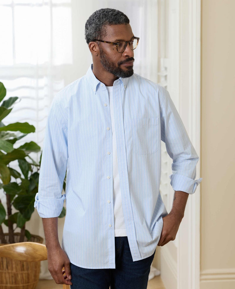 Blue Cotton Poplin Classic Fit Stripe Button-Down Smart Casual Shirt