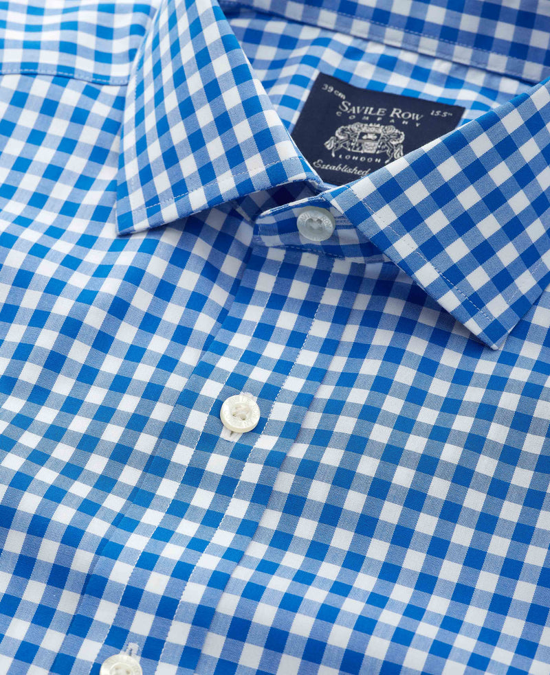 Men's Blue Cotton Poplin Gingham Check Classic Fit Non-Iron Shirt With Single Cuffs collar detail