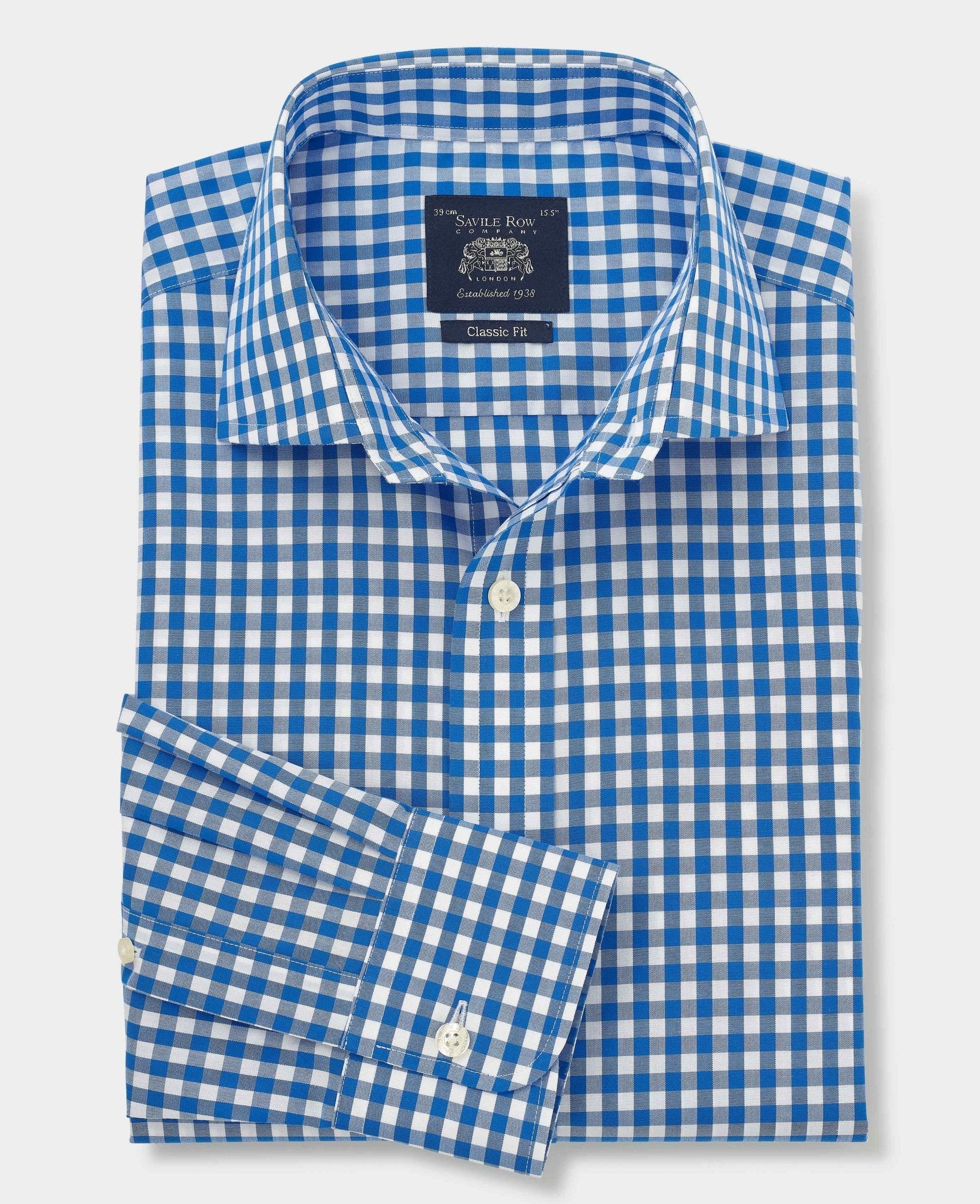 Men's Blue Cotton Poplin Gingham Check Classic Fit Non-Iron Shirt
