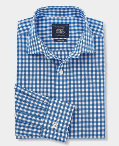 Men's Blue Cotton Poplin Gingham Check Classic Fit Non-Iron Shirt With Single Cuffs folded