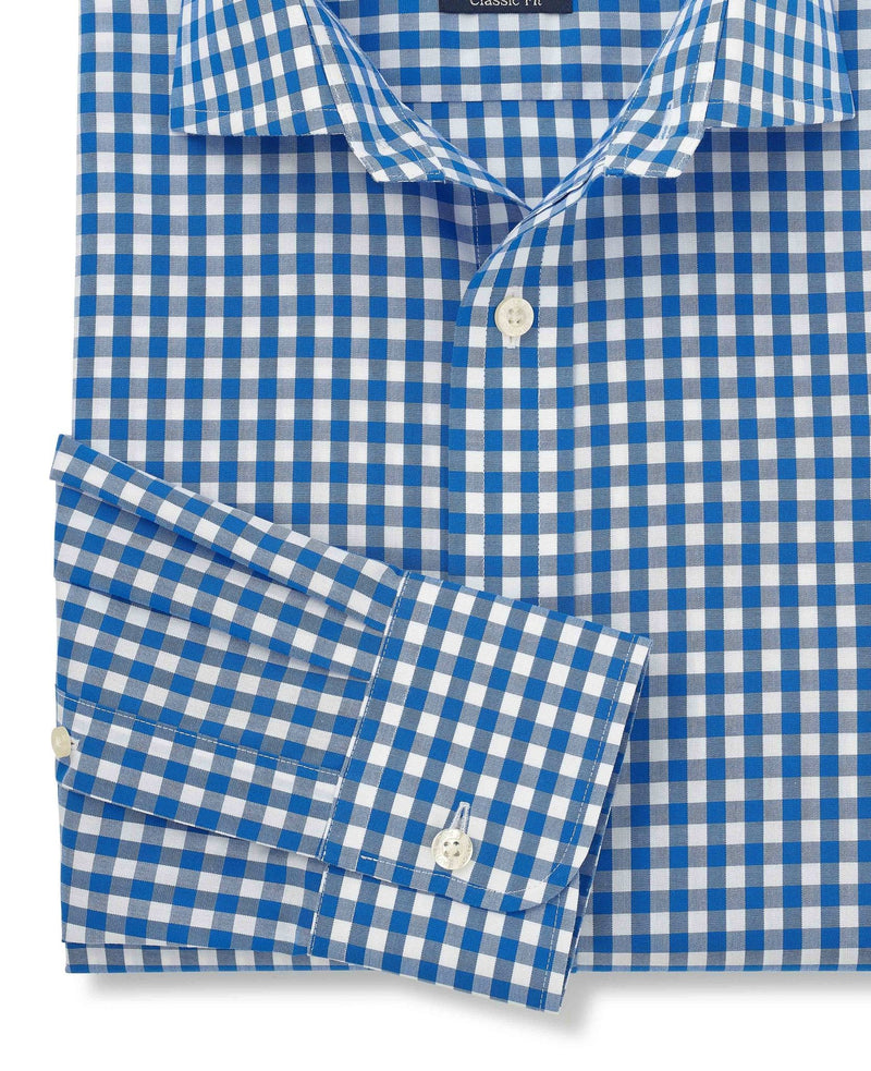 Men's Blue Cotton Poplin Gingham Check Classic Fit Non-Iron Shirt With Single Cuffs sleeve detail