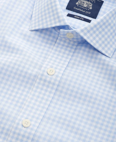 Blue Cotton Poplin Gingham Check Slim Fit Formal Shirt - Single Cuff