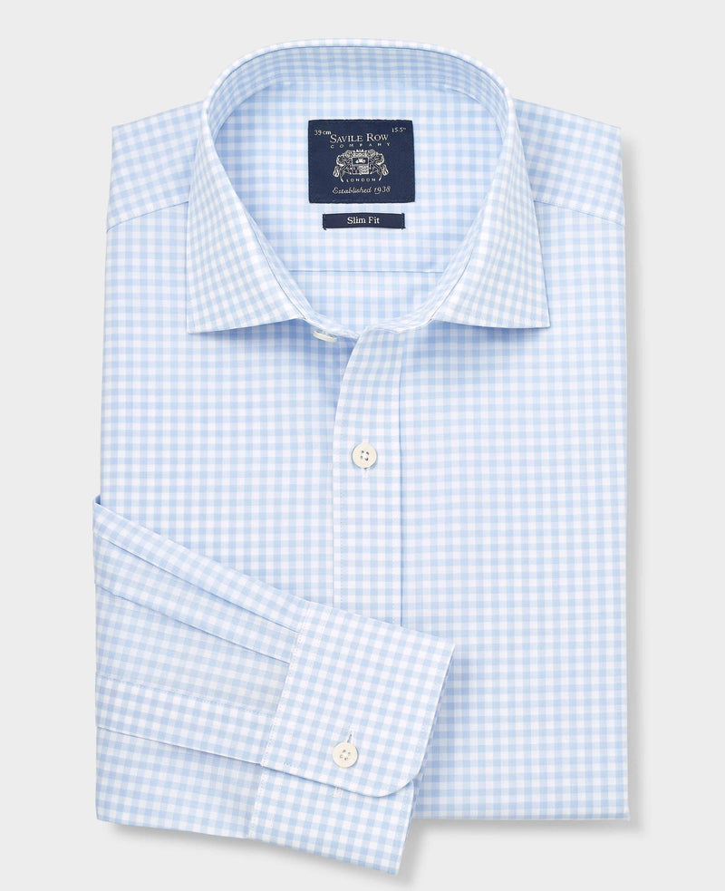 Blue Cotton Poplin Gingham Check Slim Fit Formal Shirt - Single Cuff