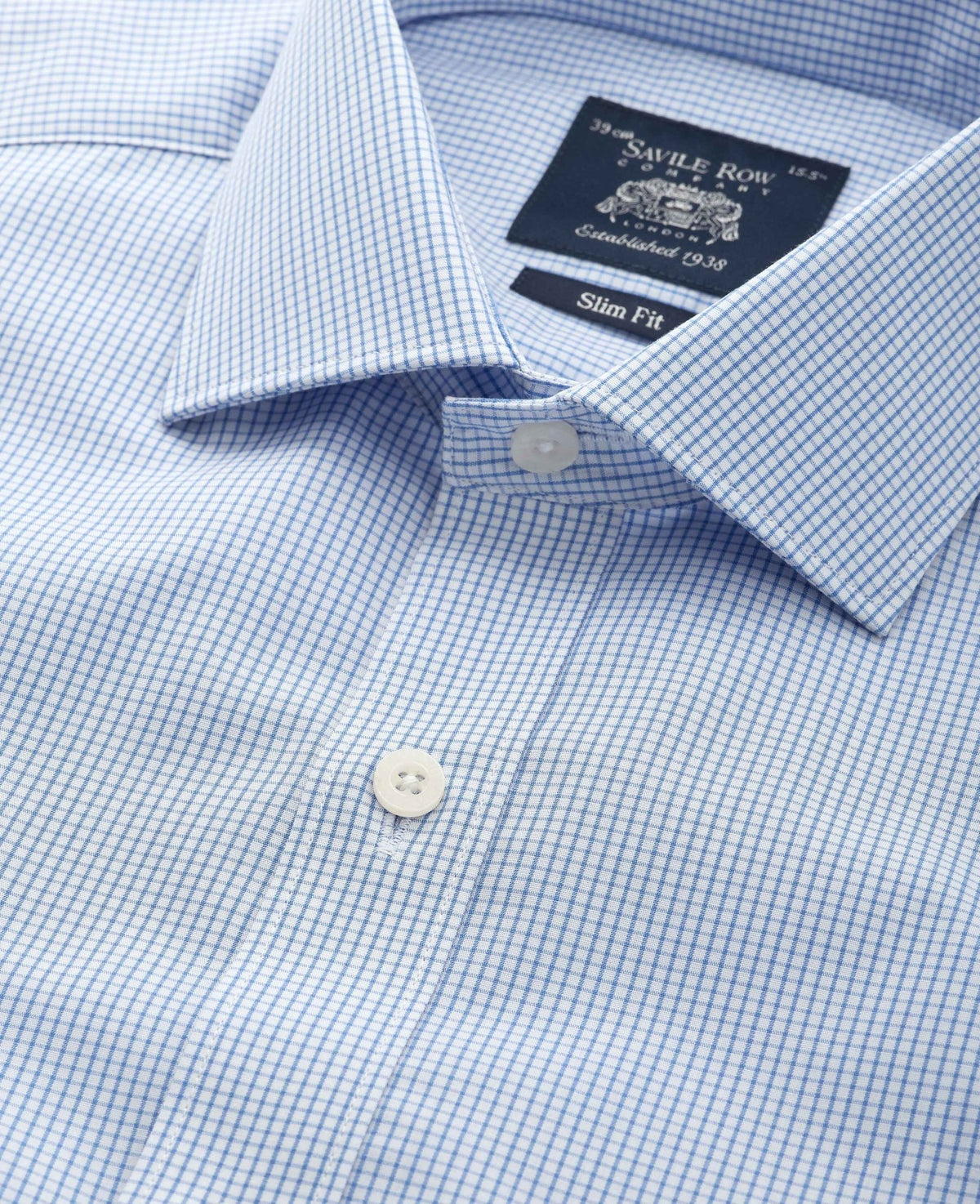 Men's Blue Cotton Poplin Mini Check Slim Fit Formal Shirt With Double Cuffs collar detail