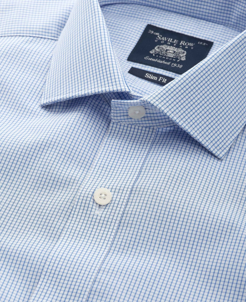 Blue Cotton Poplin Mini Check Slim Fit Formal Shirt - Double Cuff