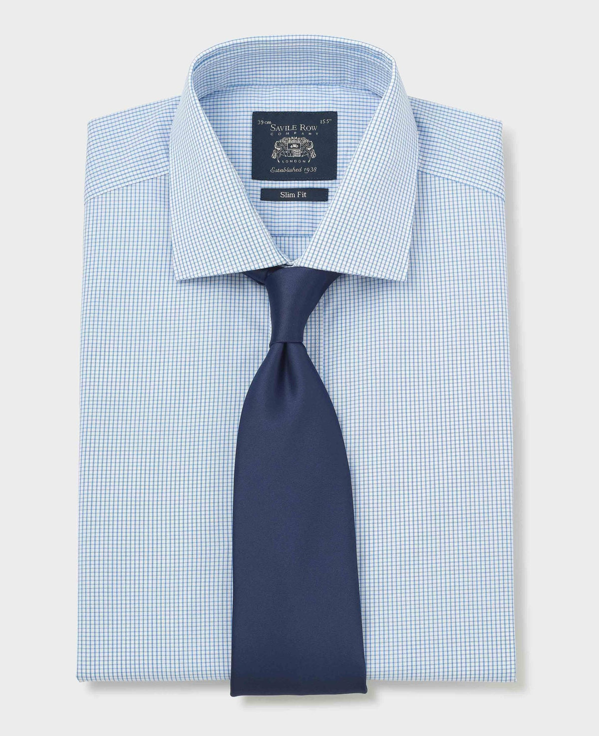 Men's Blue Cotton Poplin Mini Check Slim Fit Formal Shirt With Double Cuffs folded shot