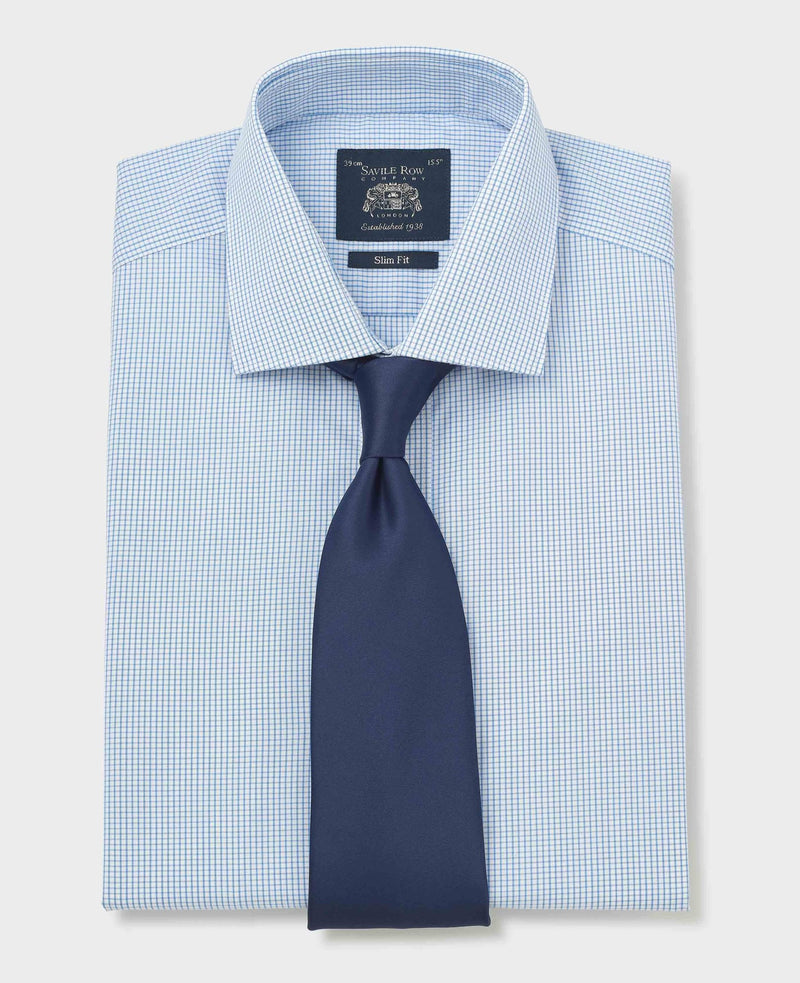Blue Cotton Poplin Mini Check Slim Fit Formal Shirt - Double Cuff