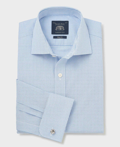 Blue Cotton Poplin Mini Check Slim Fit Formal Shirt - Double Cuff