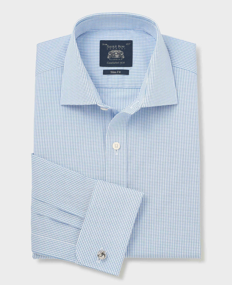Blue Cotton Poplin Mini Check Slim Fit Formal Shirt - Double Cuff