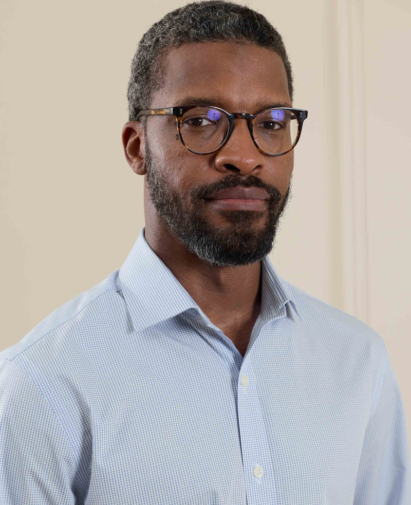 Blue Cotton Poplin Mini Check Slim Fit Formal Shirt - Double Cuff