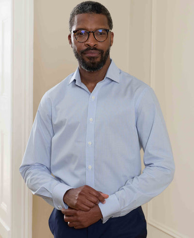 Blue Cotton Poplin Mini Check Slim Fit Formal Shirt - Double Cuff