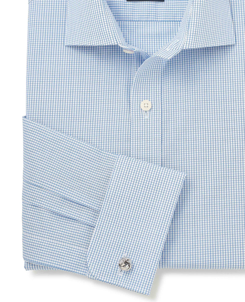 Blue Cotton Poplin Mini Check Slim Fit Formal Shirt - Double Cuff