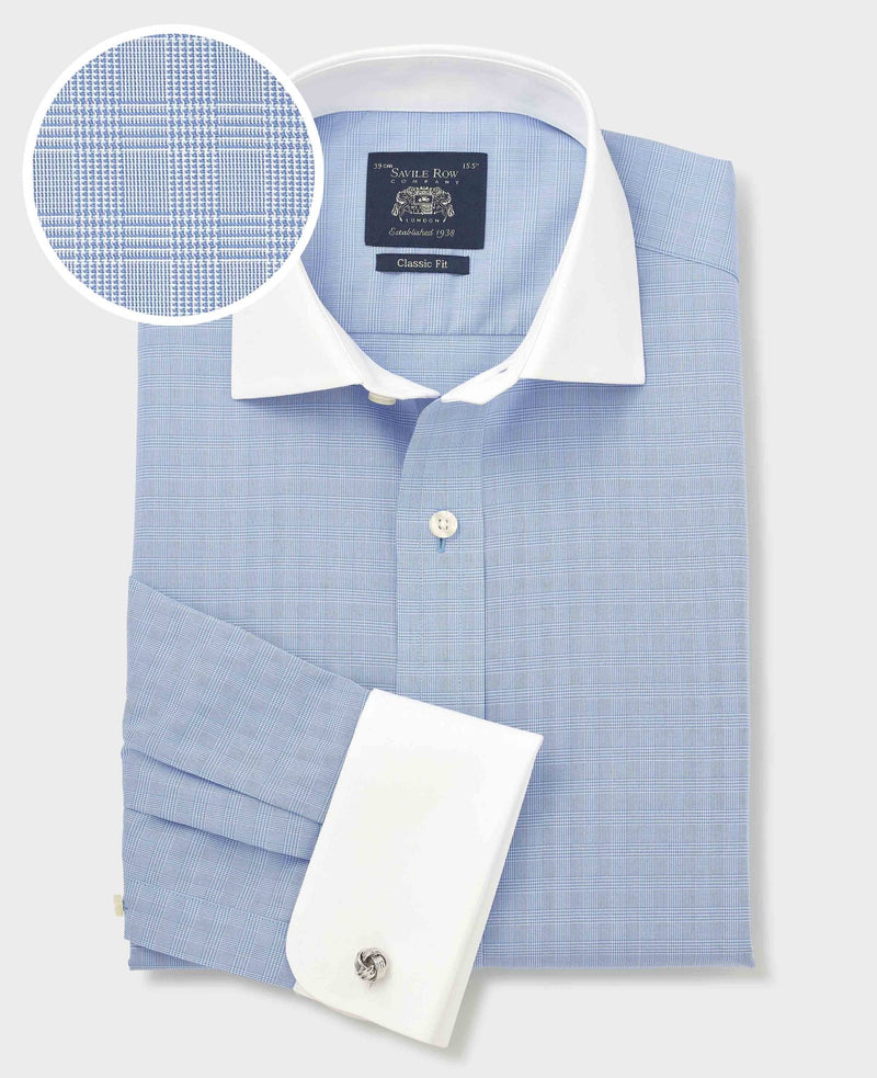 Blue Cotton Poplin Prince of Wales Check Classic Fit Non-Iron Shirt - Double Cuff