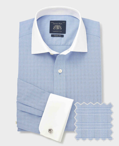 Blue Cotton Poplin Prince of Wales Check Classic Fit Non-Iron Shirt - Double Cuff