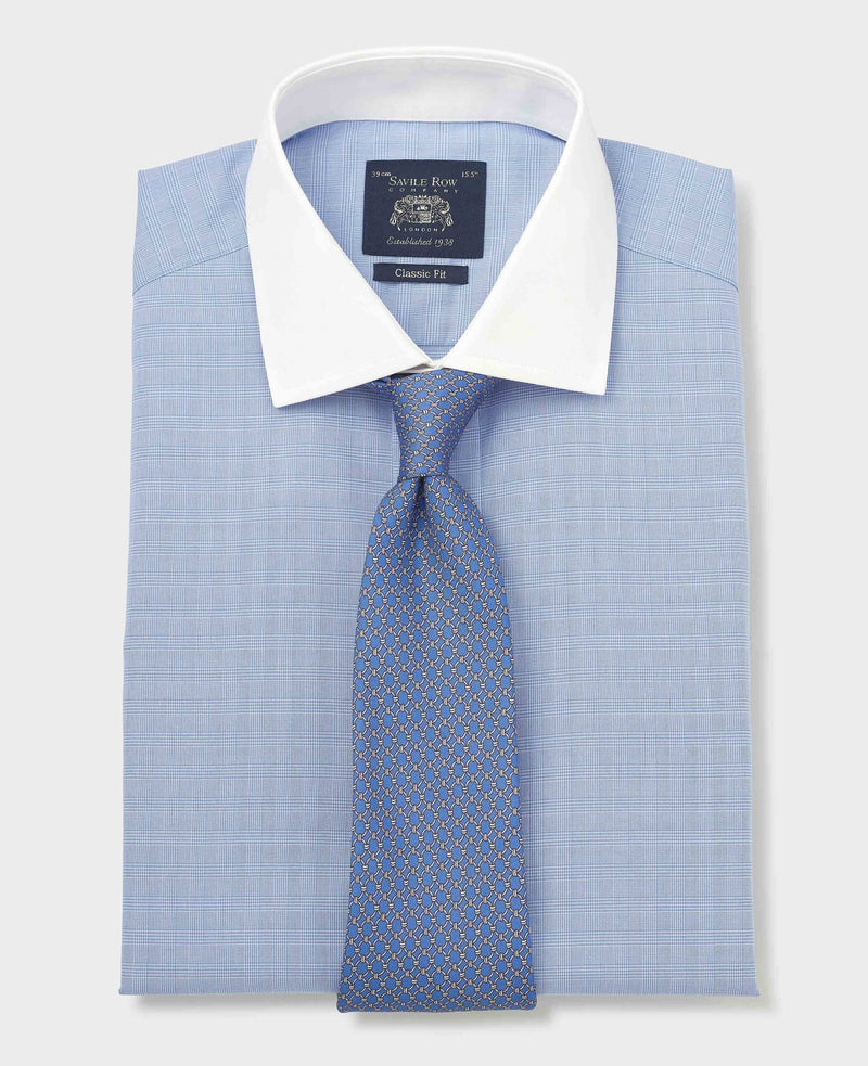 Men's Blue Cotton Poplin Prince of Wales Check Classic Fit Non-Iron Shirt With Double Cuffs folded with tie